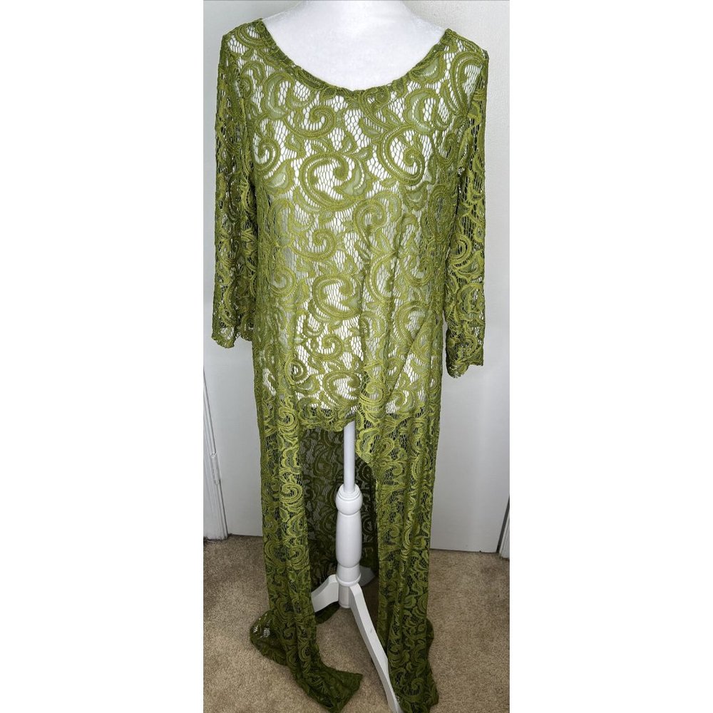 Ashley Stewart 12 Scoop Neck High Low Green Lace Duster Dress NWT New